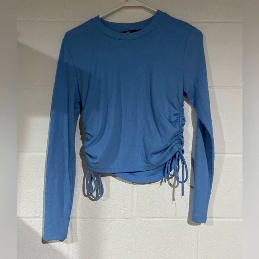 Zara Sky Blue Ruched Long Sleeve Top large